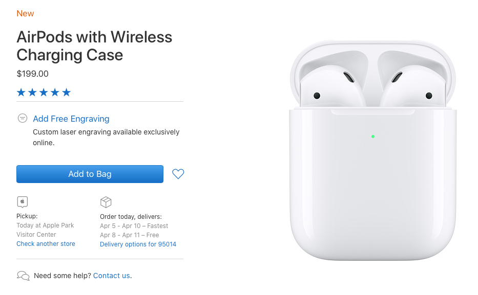 AirPods（第二代）现提供在线自提服务，中国大陆暂未提供